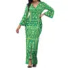 Hot Selling Flower Polynesian Tribal Bell Sleeve V Neck Long Maxi Slit Dress Custom Plus Size Womens Dresses Island Style Dress