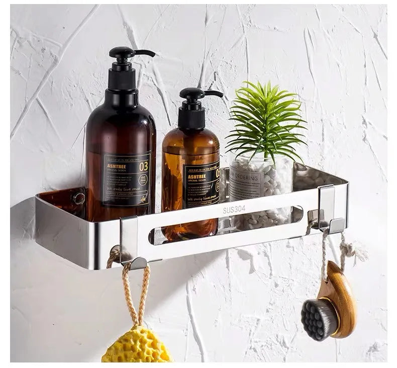 Modern SUS304 Stainless Steel Bathroom Corner Shower Shelf with Hooks, Wall Mounted Self-Adhesive Organizer Rack