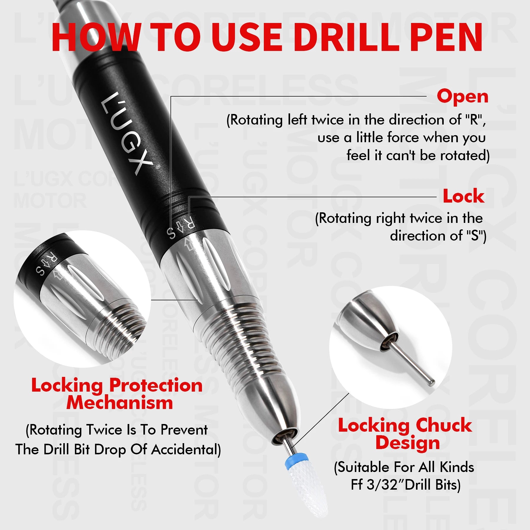 L'UGX High Quality Professional 30000 Rpm Wireless Nail Drill Machine Cordless Electric Rechargeable Portable Nail Drill