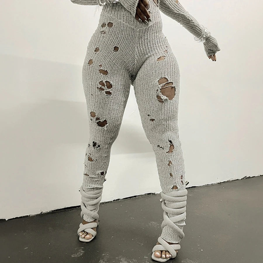 Oem Autumn Solid Long Sleeve O-neck Casual Knit Holes Long Sleeve Jumpsuit Streetwear Casual Women's Ripped Jumpsuit