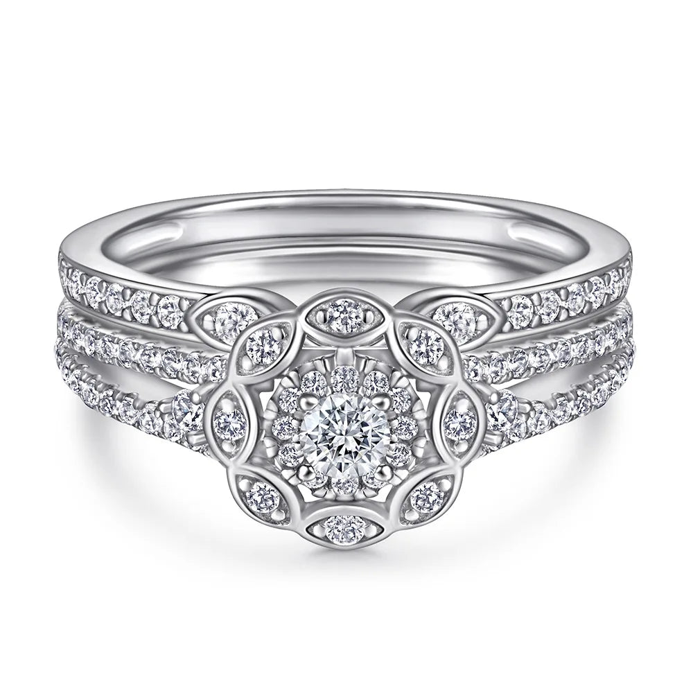 Wedding Ring Set Three-Piece Heart Pattern Engagement Jewelry Women's S925 Sterling Silver Rings