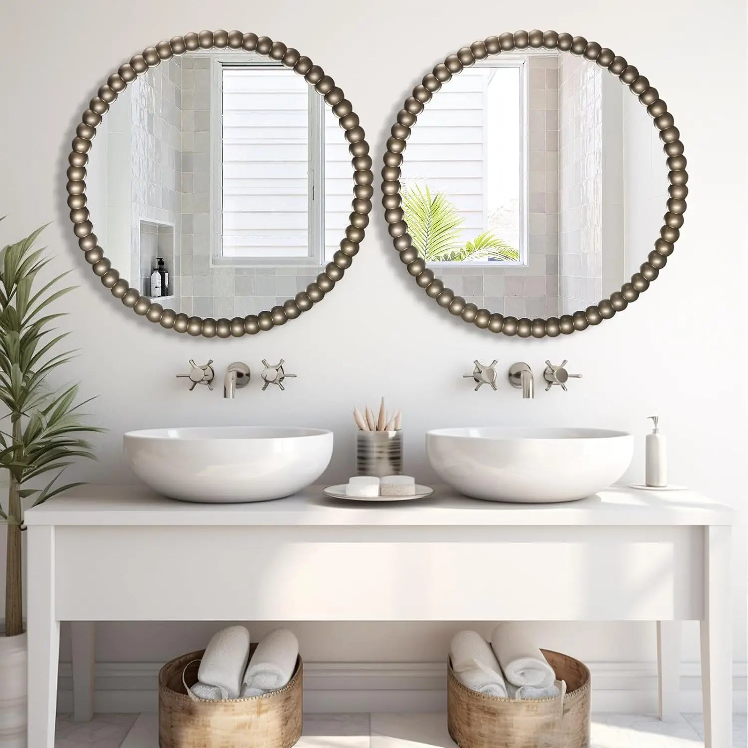 WallBeyond 1-Piece 28-Inch Round Wood Silver Bead Mirror Retro Style Framed Wall Mount Decor for Home Entryway Living