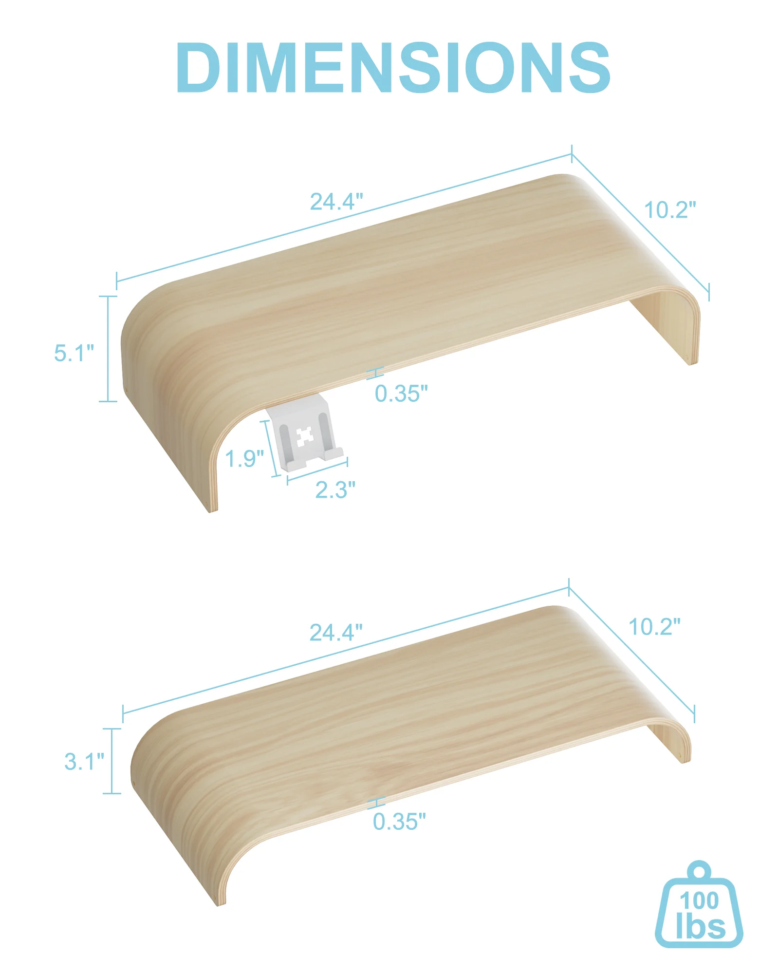 Solid Wood Dual Monitor Stand Riser 2 Tier, 24.1 Inch Desktop Organizer with Phone Holder, Multifunctional Desk Shelf