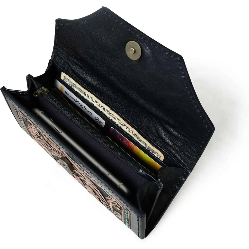 Rustic Vintage Cowhide Leather Trifold Wallet Hand Tooled RFID Card Holder for Men & Women
