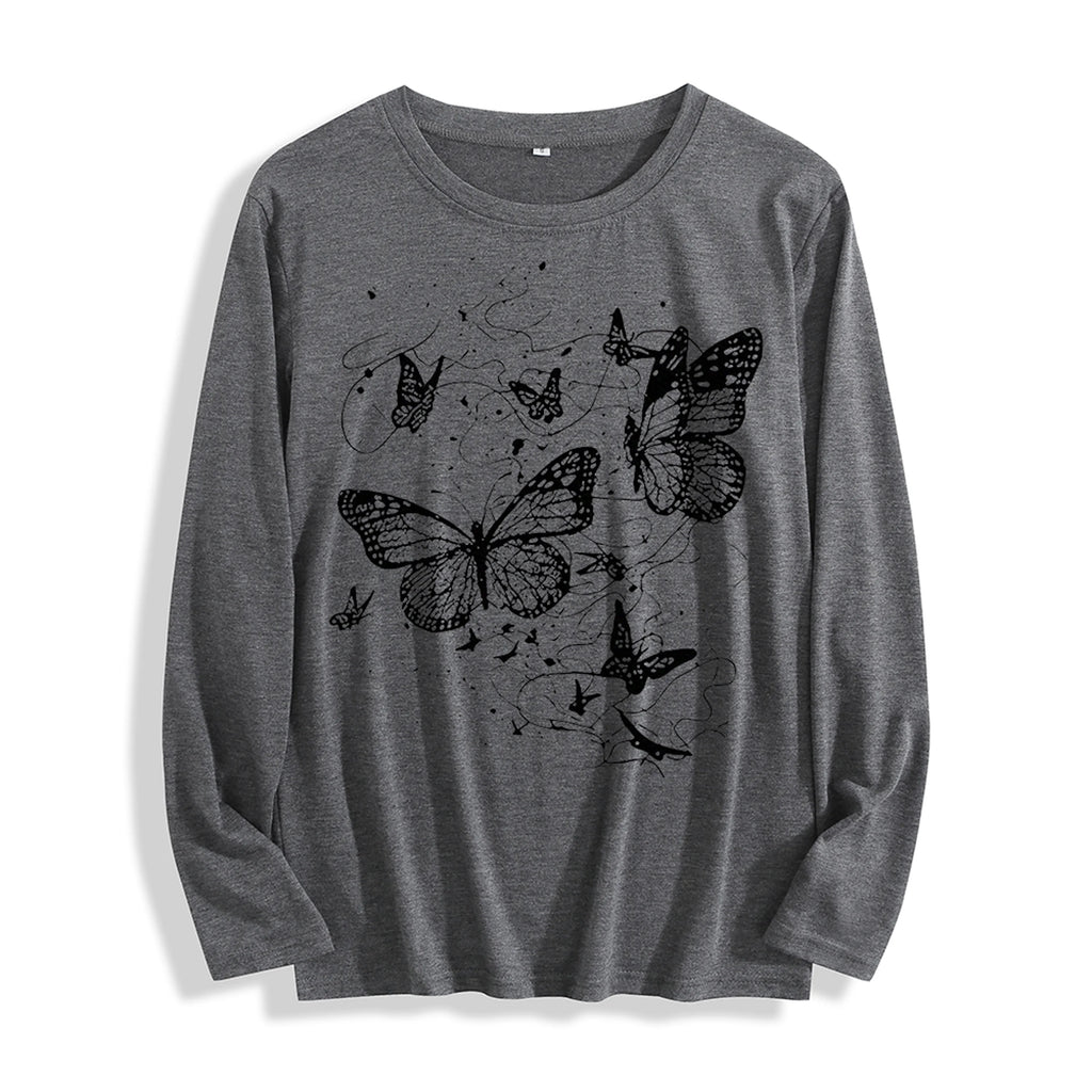 100% Cotton "Black Butterfly Graphic" Long - Sleeve T - Shirt, Multi - Colors