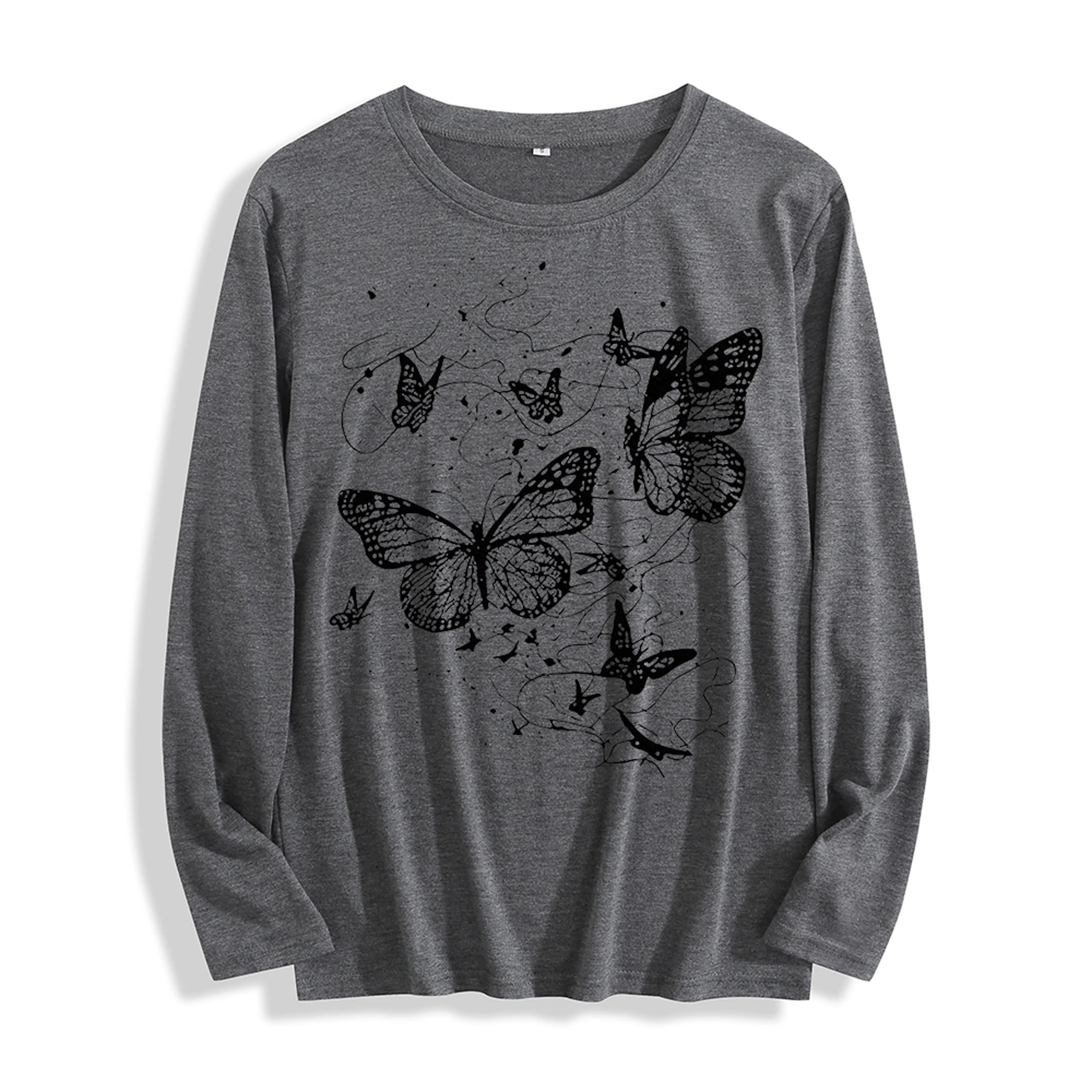 100% Cotton "Black Butterfly Graphic" Long - Sleeve T - Shirt, Multi - Colors
