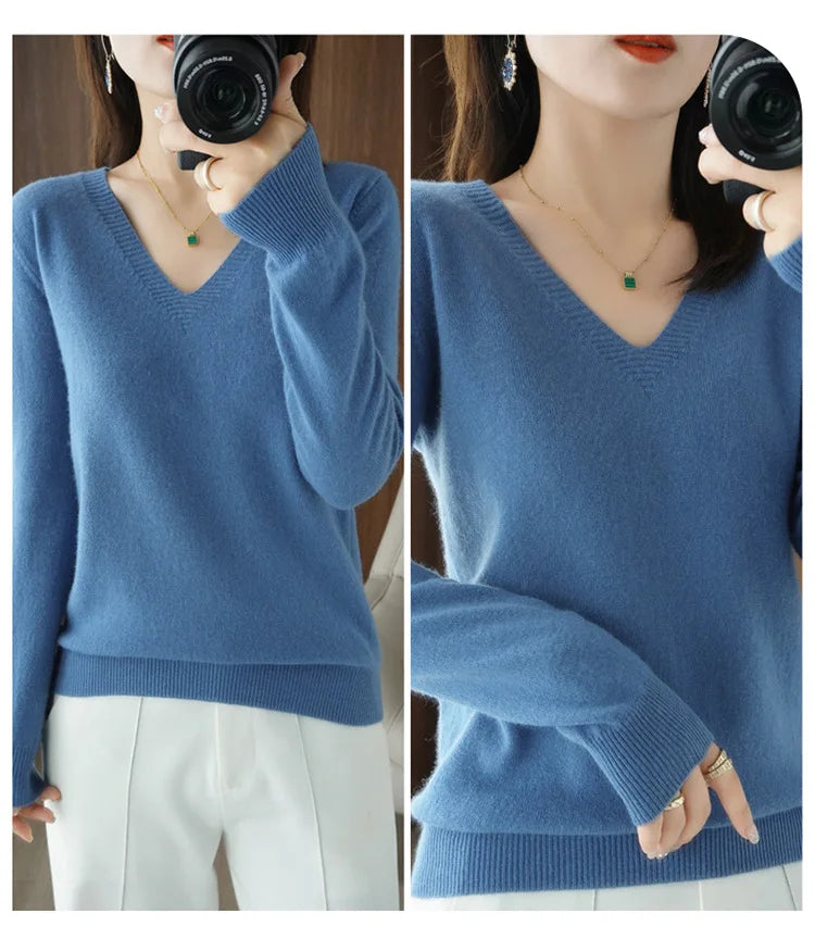 Women's Sweater 2025 Autumn Winter Knitted Pullovers V-neck Slim Fit Bottoming Shirt Solid Soft Knitwear Jumpers Basic Sweaters