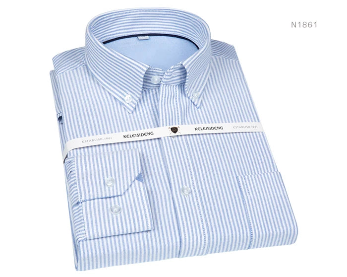 Men's Long Sleeve Thick Cotton Oxford Shirts with Front Pocket High Quality Smart Casual Stripe Plaid Button Down Dress Shirt