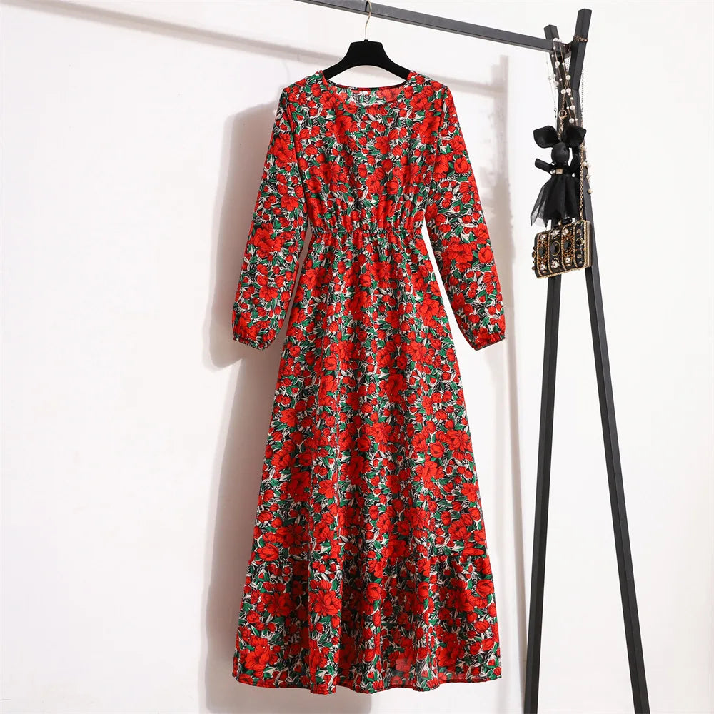 Dropshipping Trending Chiffon Dress Women's Summer Beach Travel Long Sleeve Flower Elegant Floral Girl Casual Dress