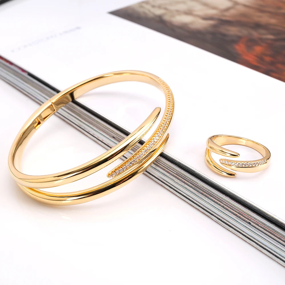 011857 Women Fashion Bracelet Ring Sets Cubic Zircon Bangle Rings Set for Women Cuff Design Jewelry Set for Party Daily Life
