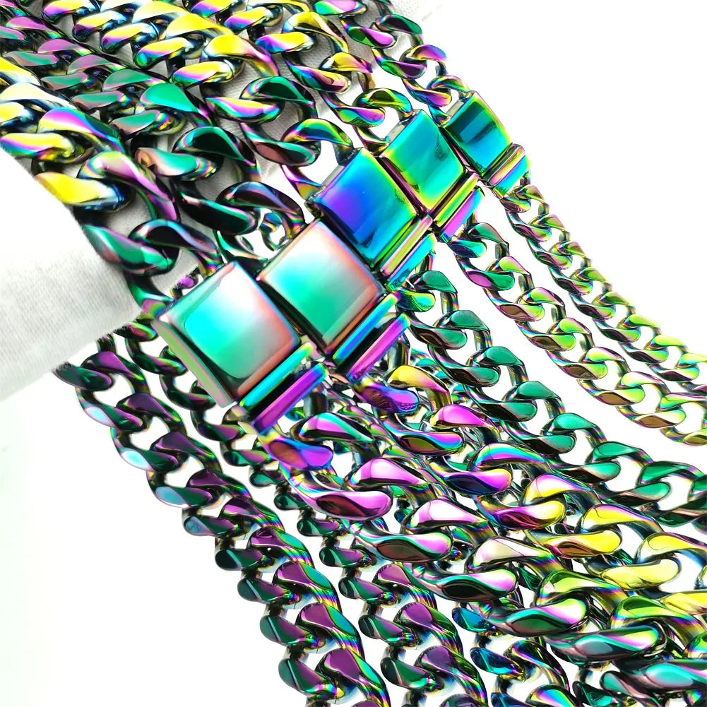 Nice Rainbow color  Mens Womens Cuban Link necklace Hip Hop Stainless Steel Chain Curb  9-16mm band width;18inch-30inch