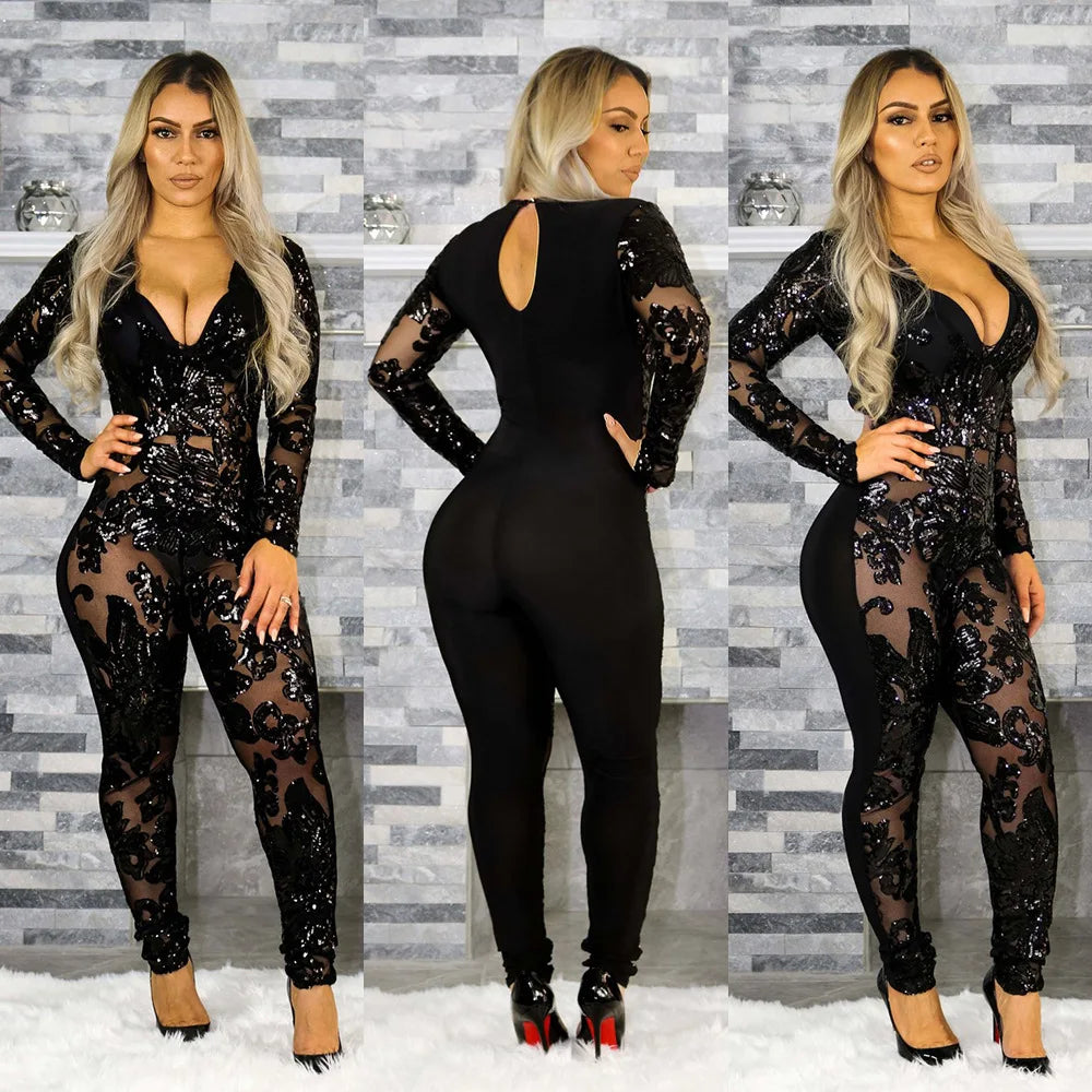 Liu Ming New Arrivals Sexy Women Mesh See Through Out Long Sleeve Night Romper Jumpsuit