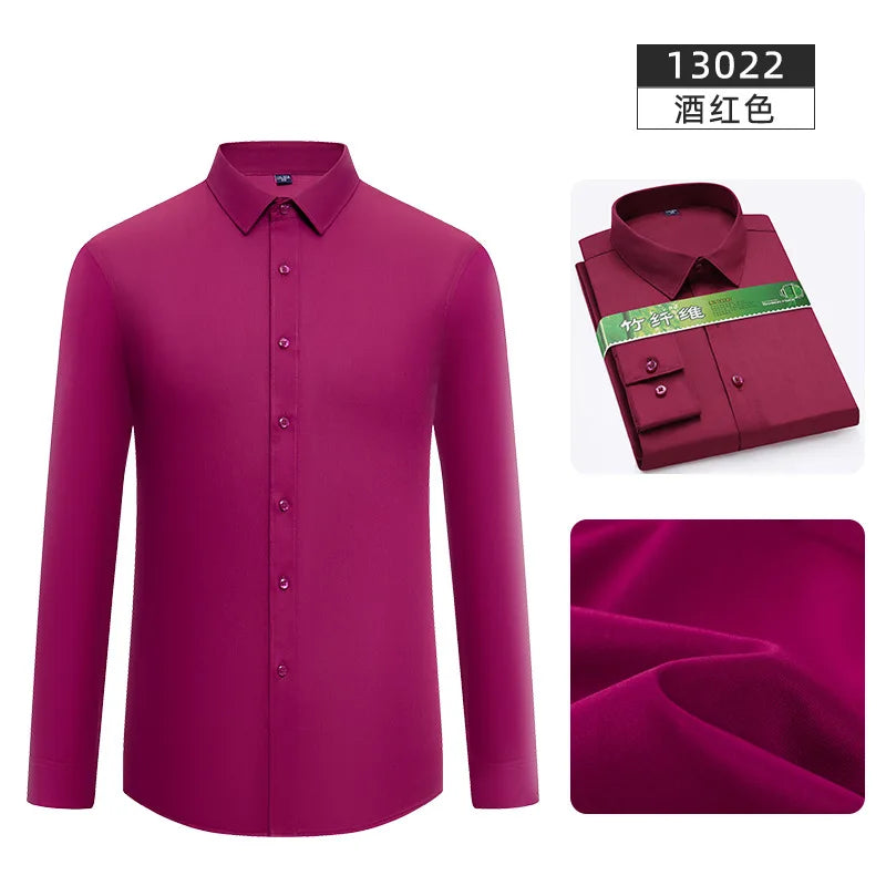 Bamboo Fiber Shirt  Long Sleeved Shirt Solid Color Elastic Non Ironing Professional Clothing Flip Collar Single Breasted Shirt