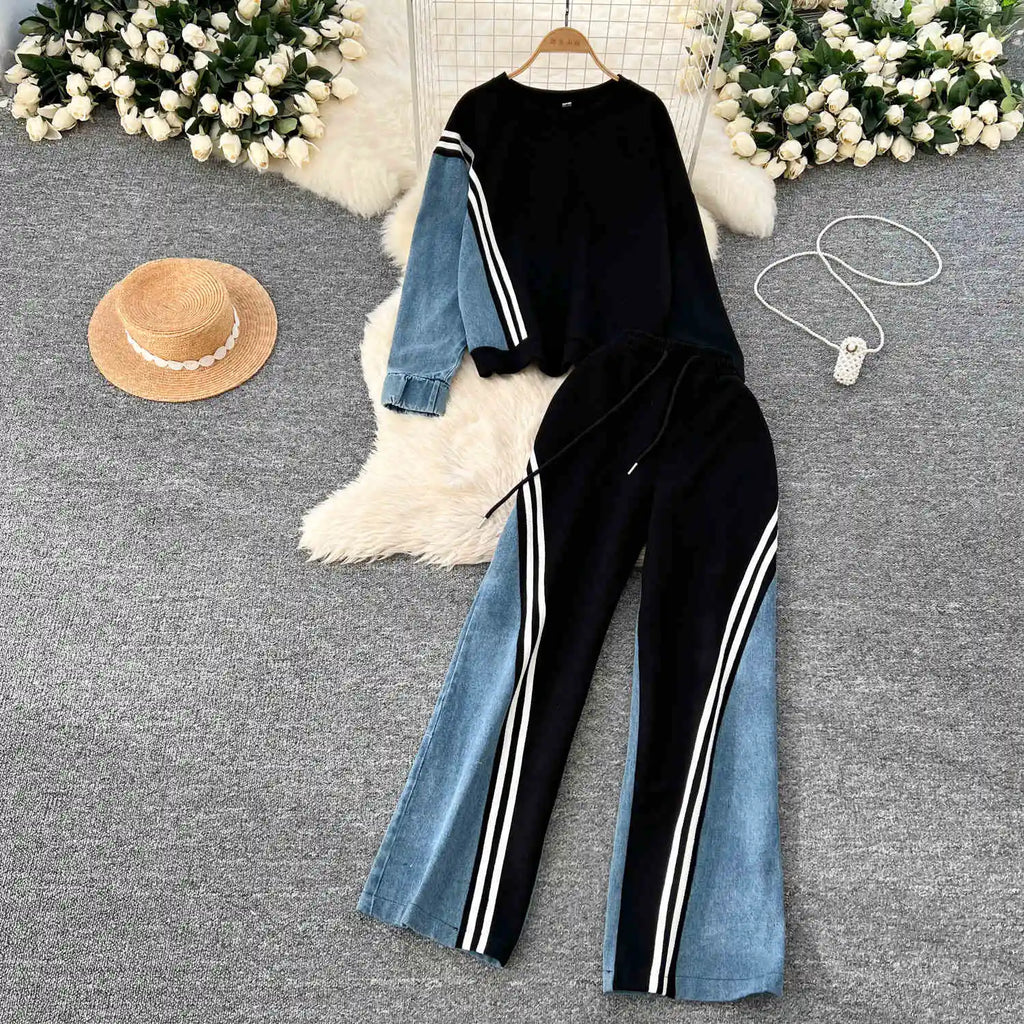 Autumn Winter New Women Sports Style Elegant Contrasting Set Pullover Top Drawstring Pants