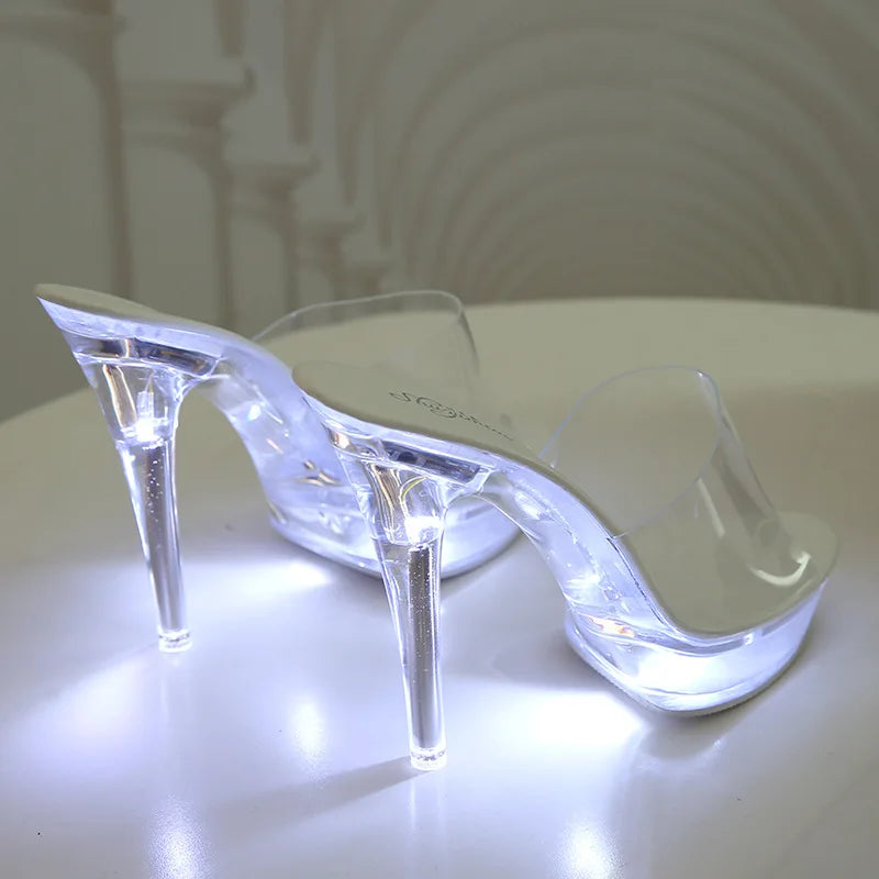 Fashion Summer Led Lights Sandals Women Clear Transparent Party Thin High Heels Platform Shoes Female Luminous Slippers WS308