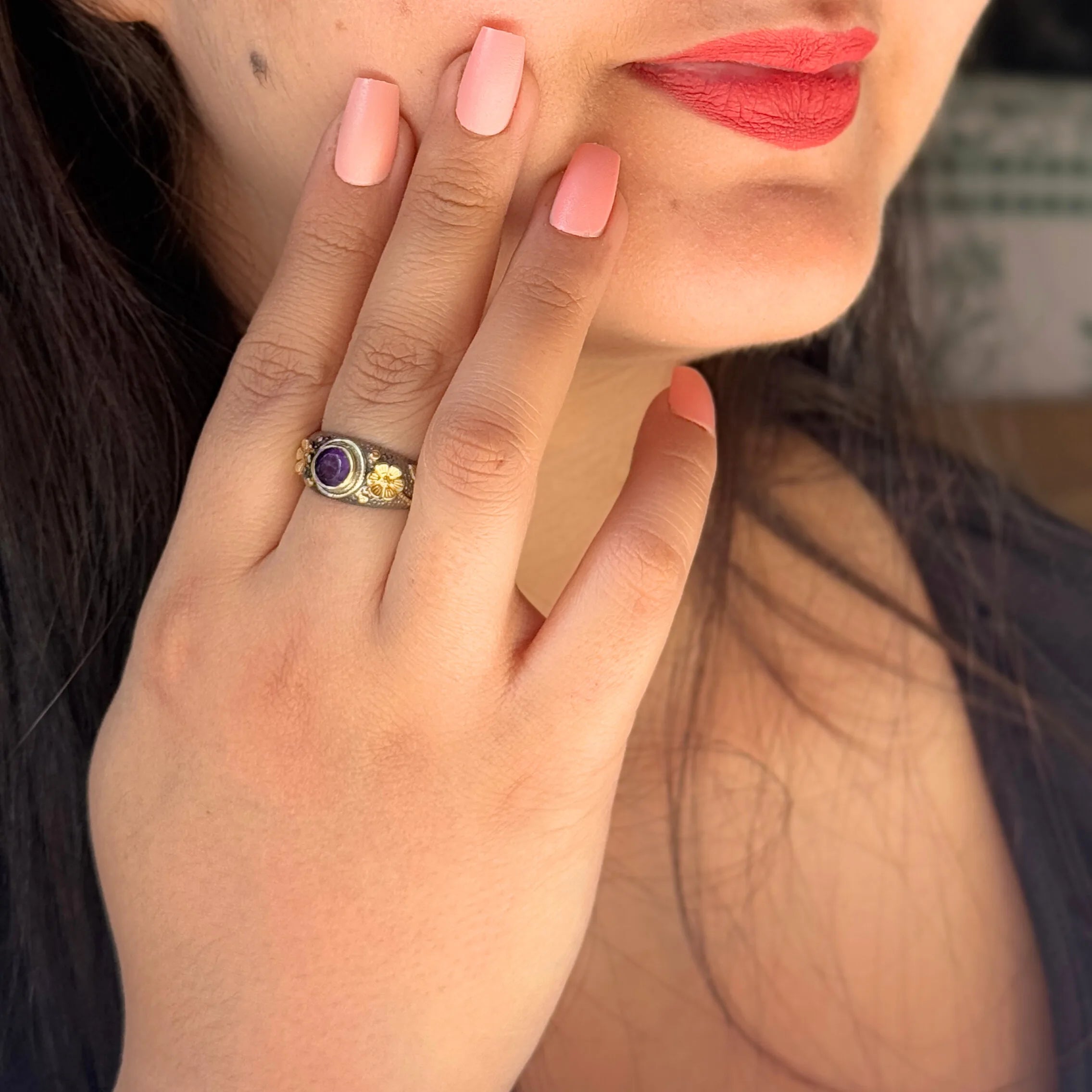 Rainbow Moonstone Ring 925 Sterling Silver Gold Plated Vintage Floral Handmade Designer Gemstone Jewelry Women Moku Jewellery