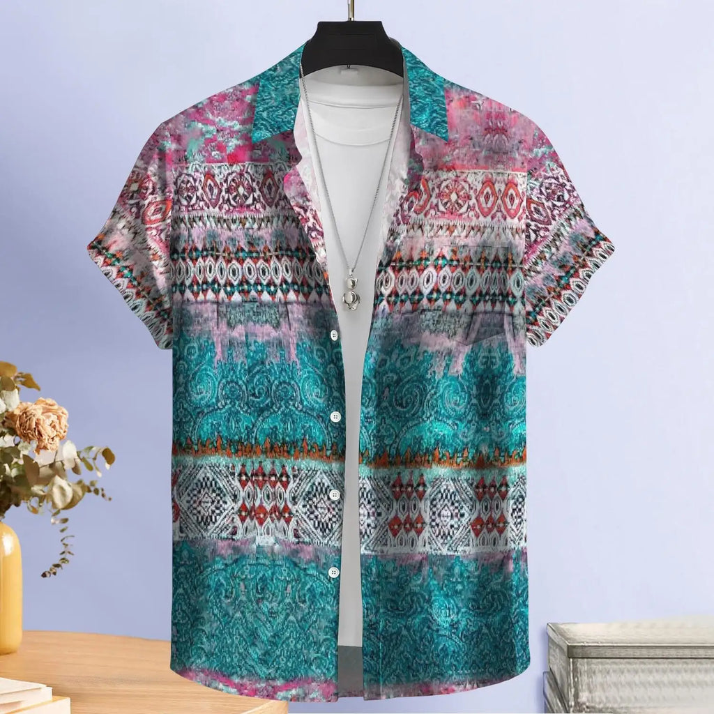 Customized Shirt  Soft Bohemian Style Ink-Printed Shirt  Classical Ethnic Summer  Pink Bohemian Pattern Casual Wear