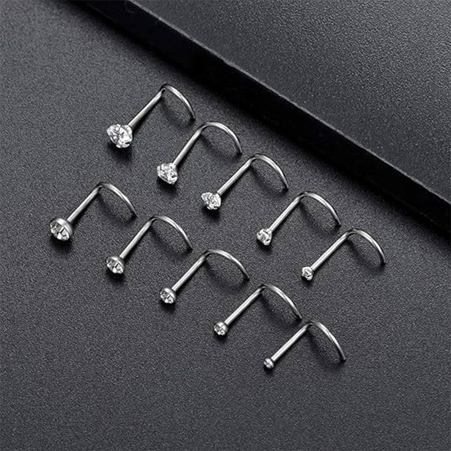 10Pcs Stainless Steel Screw Shaped Nose Studs Rings Square Round CZ Nose Ring Labret Nose Piercing Jewelry Silver Tone