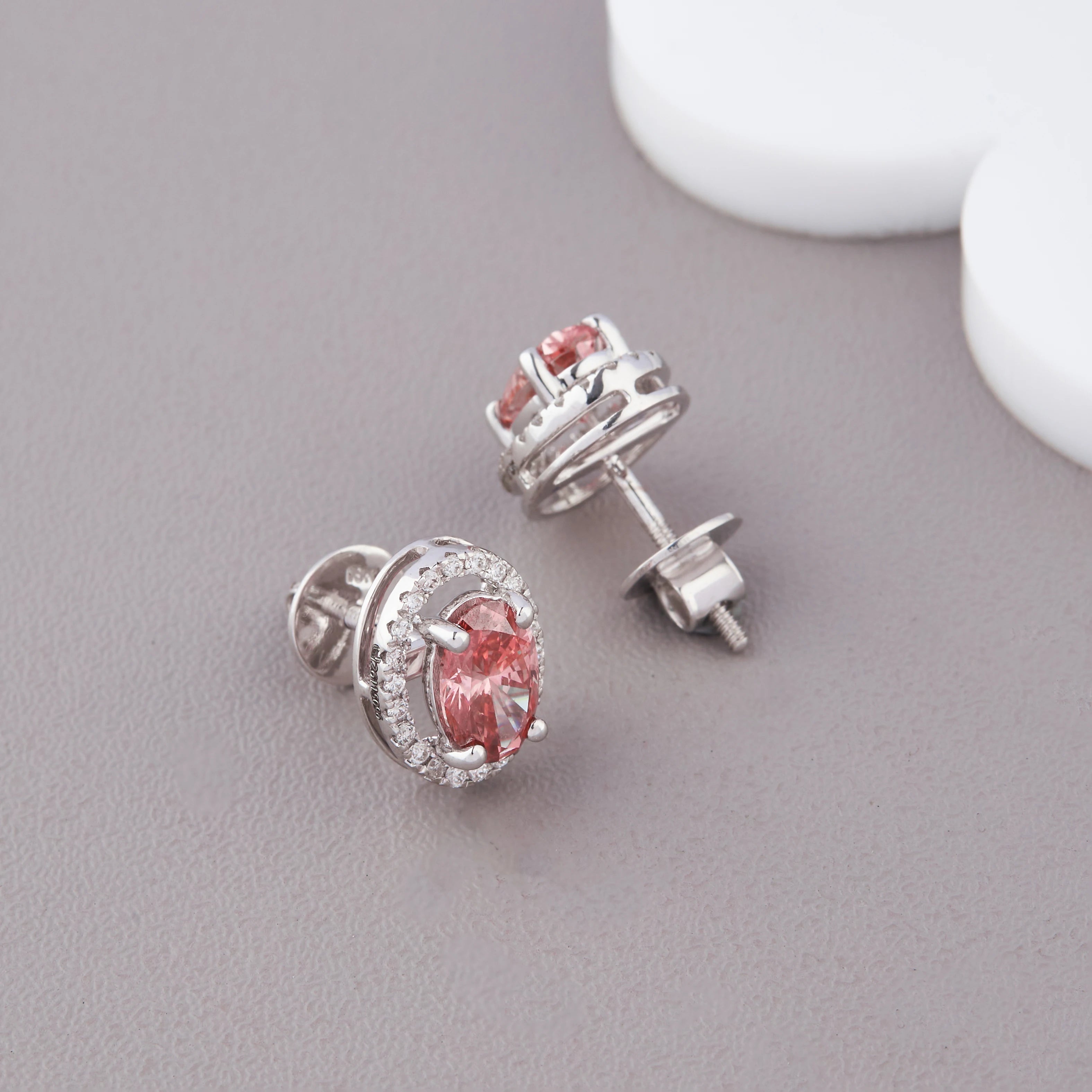 IGI Certified Oval Pink Lab Grown Diamond Halo Stud Earrings 18K White / Yellow / Rose Gold Diamond Halo Earrings