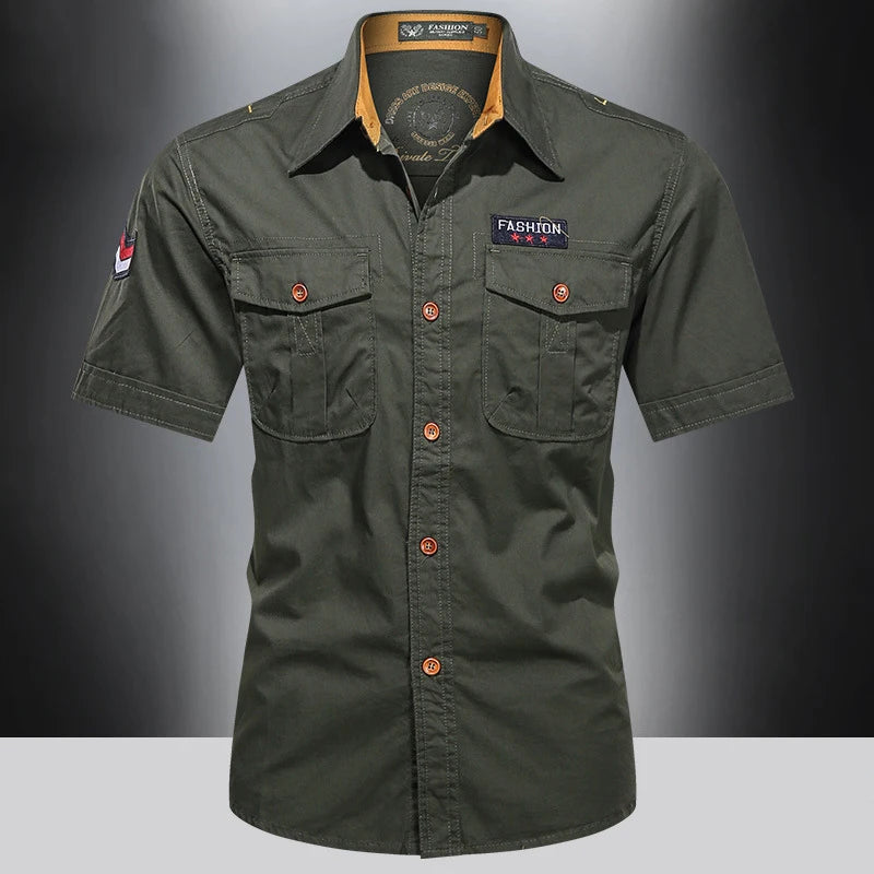New Men's Casual Shirts Short Sleeve Pure Cotton Shirt Male Solid Oversized Military Cargo Shirts Men Clothing Shirt 5XL A2F168