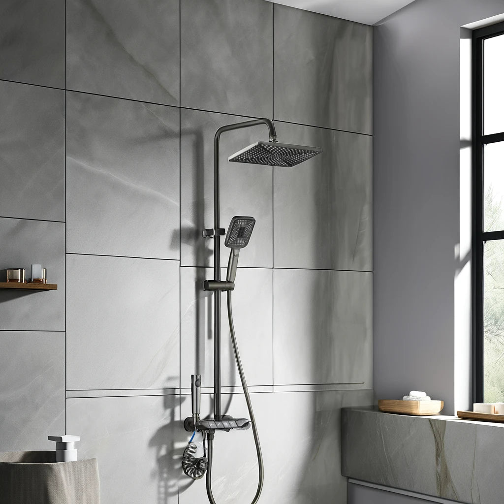 KAWAL Thermostatic Piano Key Rain Shower System Matte Black Wall Mounted Hot Cold Mixer Faucet Set with Handheld Spray