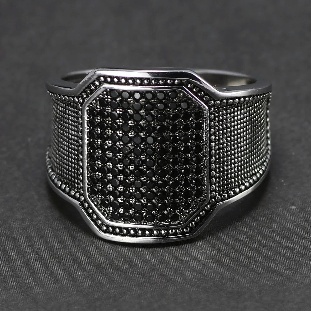 925 Sterling Silver Natural Black Zircon Stone Curved Design Turkish Men Rings