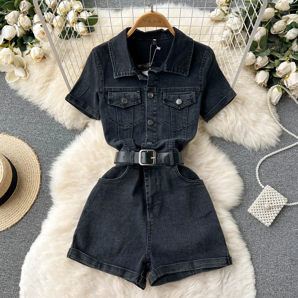 2024 Summer Elegant V-neck Jumpsuit for Women High Waist Denim Short Jumpsuit Ladies Elegant Overalls Wholesale