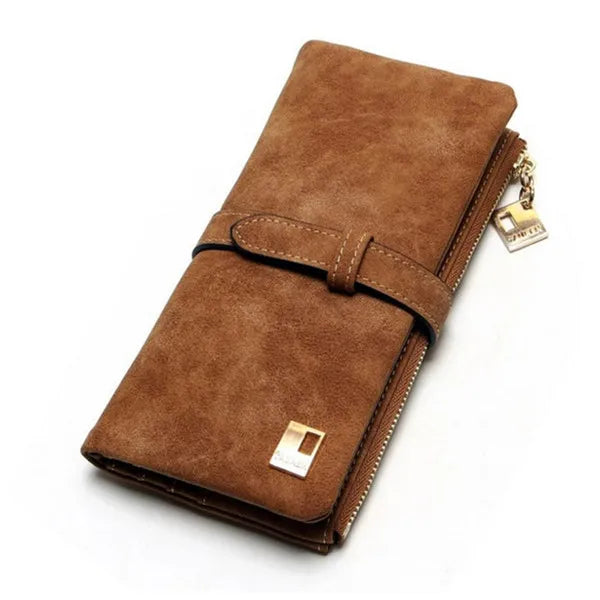 Vintage Women Long Standard Wallets Purse Fold Drawstring Nubuck Leather Zipper Suede Bag Female Simple Design Clutch Handbags