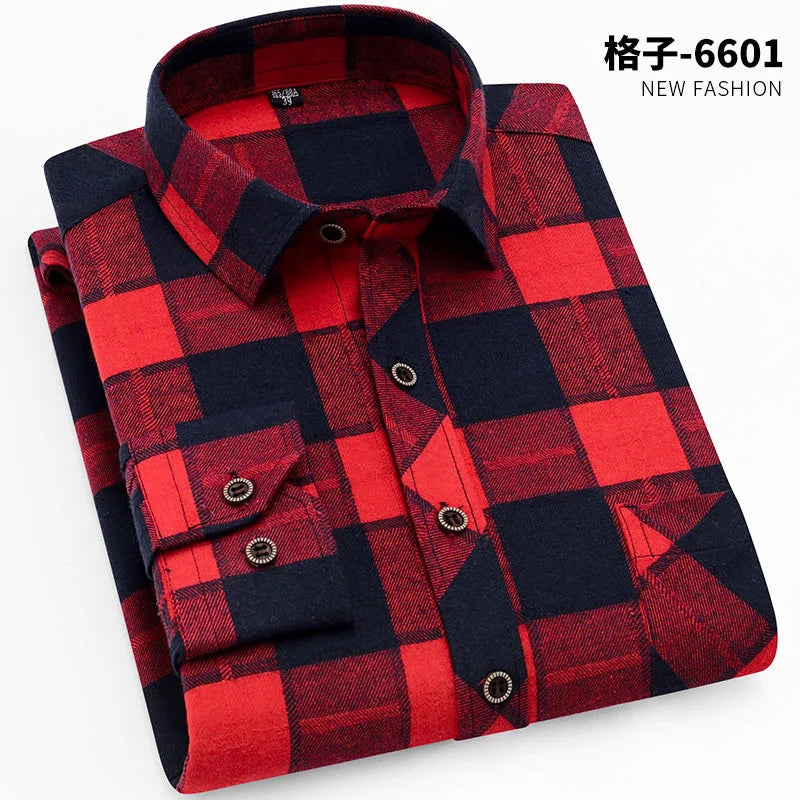 38-44 Quality Flannel Plaid Men Shirt Cotton Spring Autumn Casual Long Sleeve Dress Shirts Soft Comfort Slim Fit Button Down