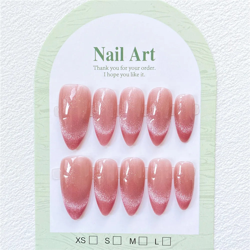 High Quality Bulk Cat Eye French Style pink Acrylic Gel Short Almond square Stiletto Handmade Wear Press on Nails