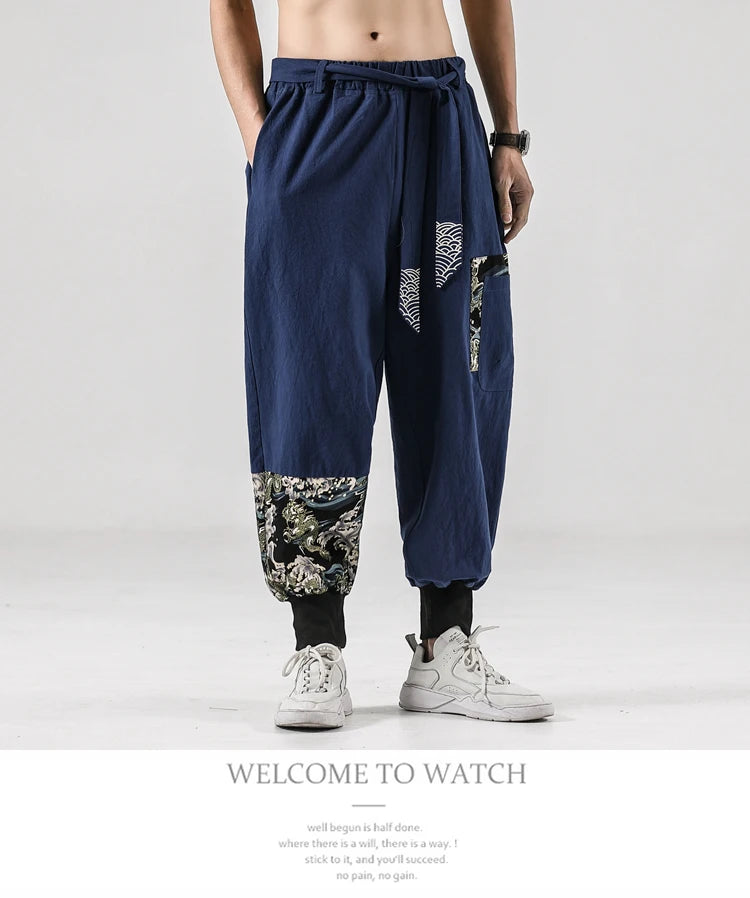 2024 Autumn Men Linen Harem Pants Mens Vintage Chinese Style Cotton Trousers Man Streetwear Pants Male Print Cross Crotch Pants