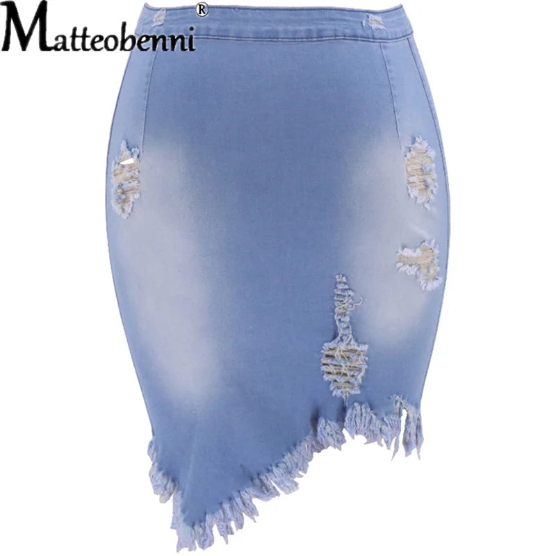 New Summer Sexy Ripped Denim Skirt Women Fashion Hollow Out Casual Hole Tassel Mini Skirt Irregular Basic Pocket Jeans Skirt