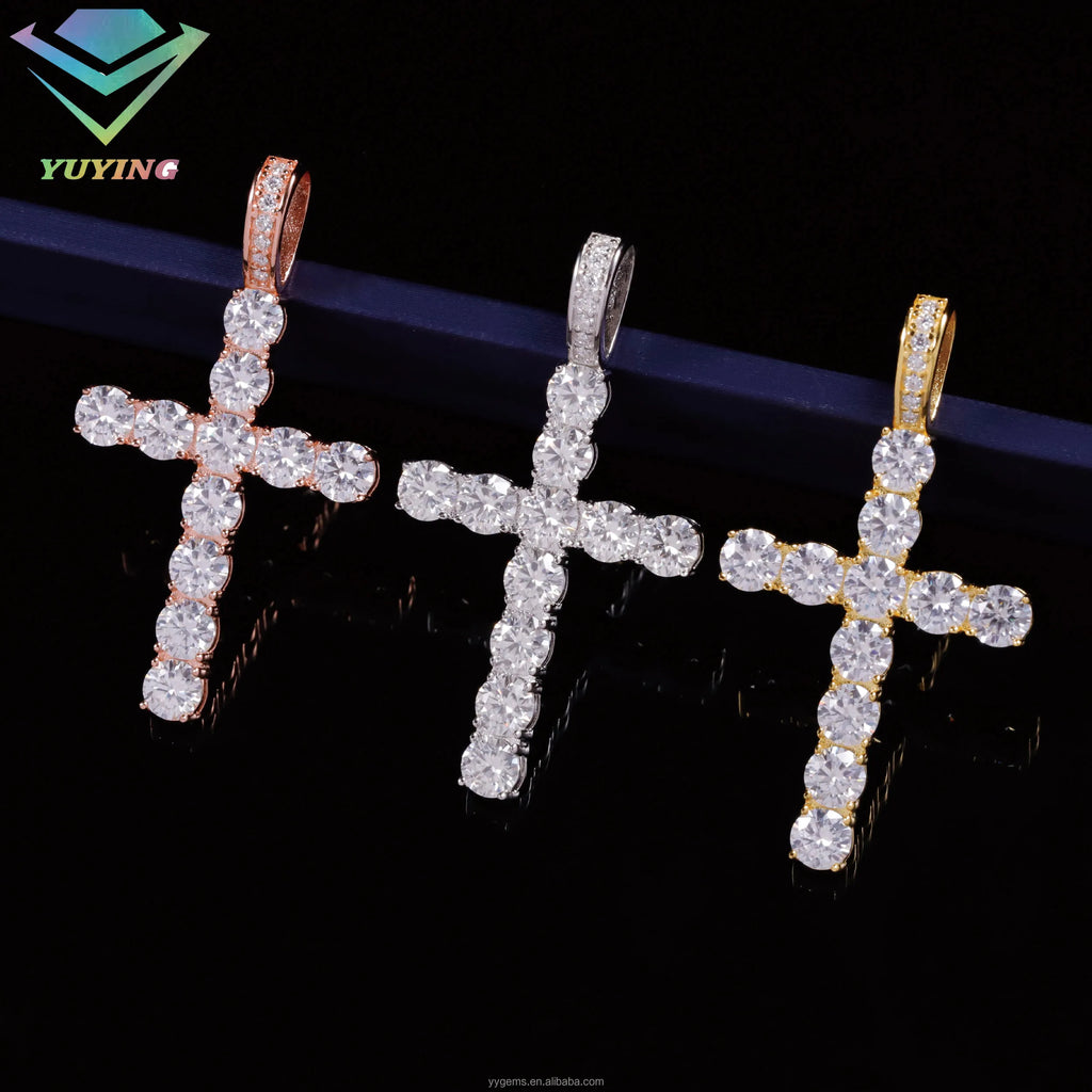 Tennis Chain Through White Gold Plated 925 Sterling Silver Made 2mm to 6.5mm VVS Diamond Moissanite Ankh Cross Pendant Charm
