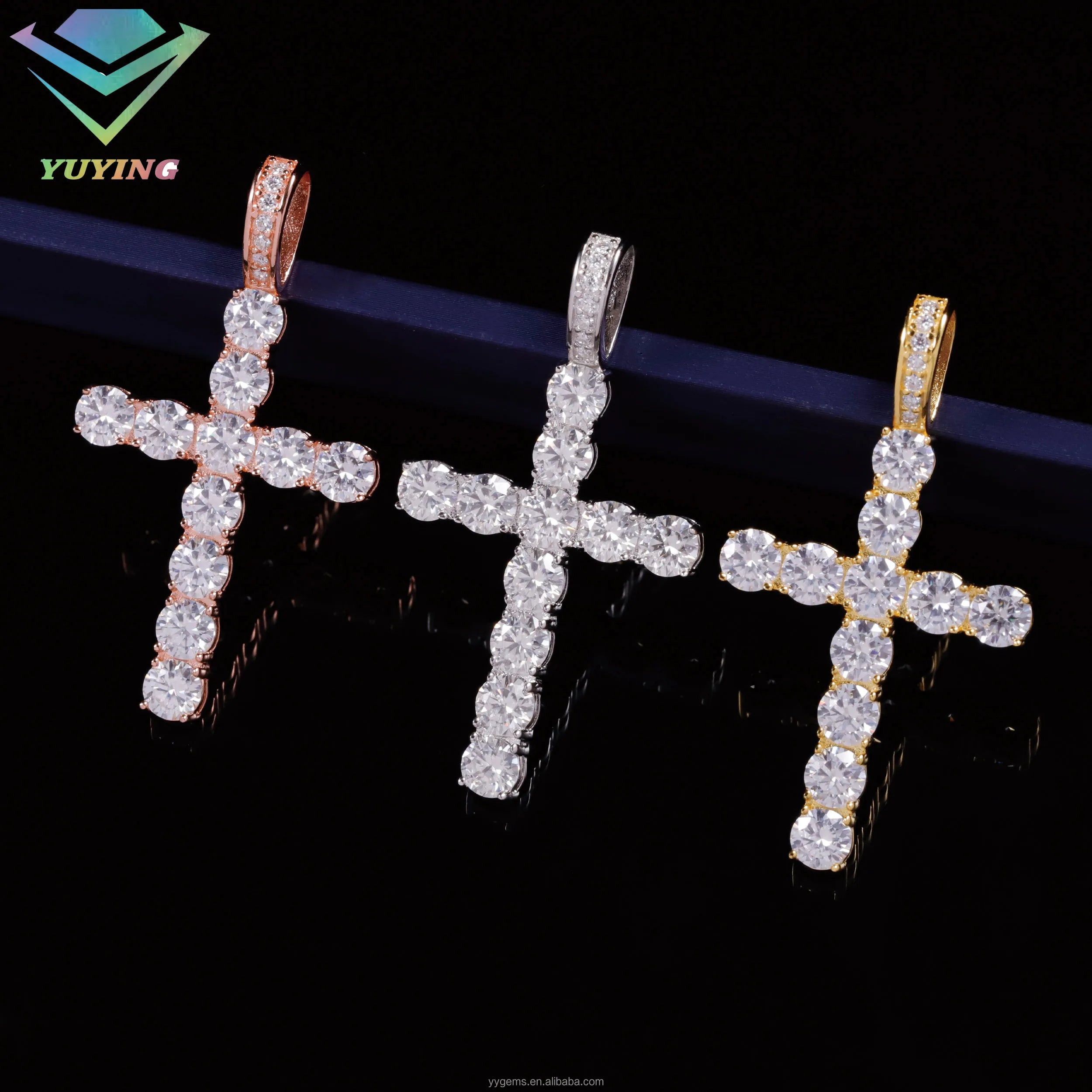 Tennis Chain Through White Gold Plated 925 Sterling Silver Made 2mm to 6.5mm VVS Diamond Moissanite Ankh Cross Pendant Charm