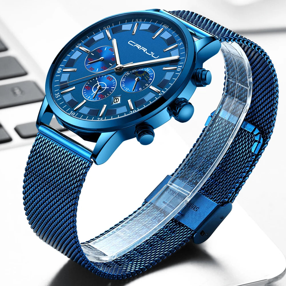 CRRJU Mens Watches Top Brand Luxury Fashion Business Quartz Watch Men Sport Full Steel Waterproof Black Clock Relogio Masculino