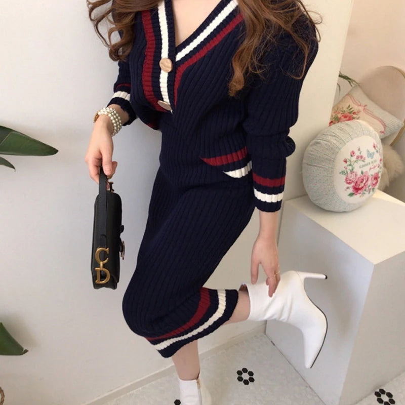 Wholesale 2026 Autumn New Temperament V-neck Bordered Contrast Color Knitted Cardigan Sweater and High Waist Mid-length Sets