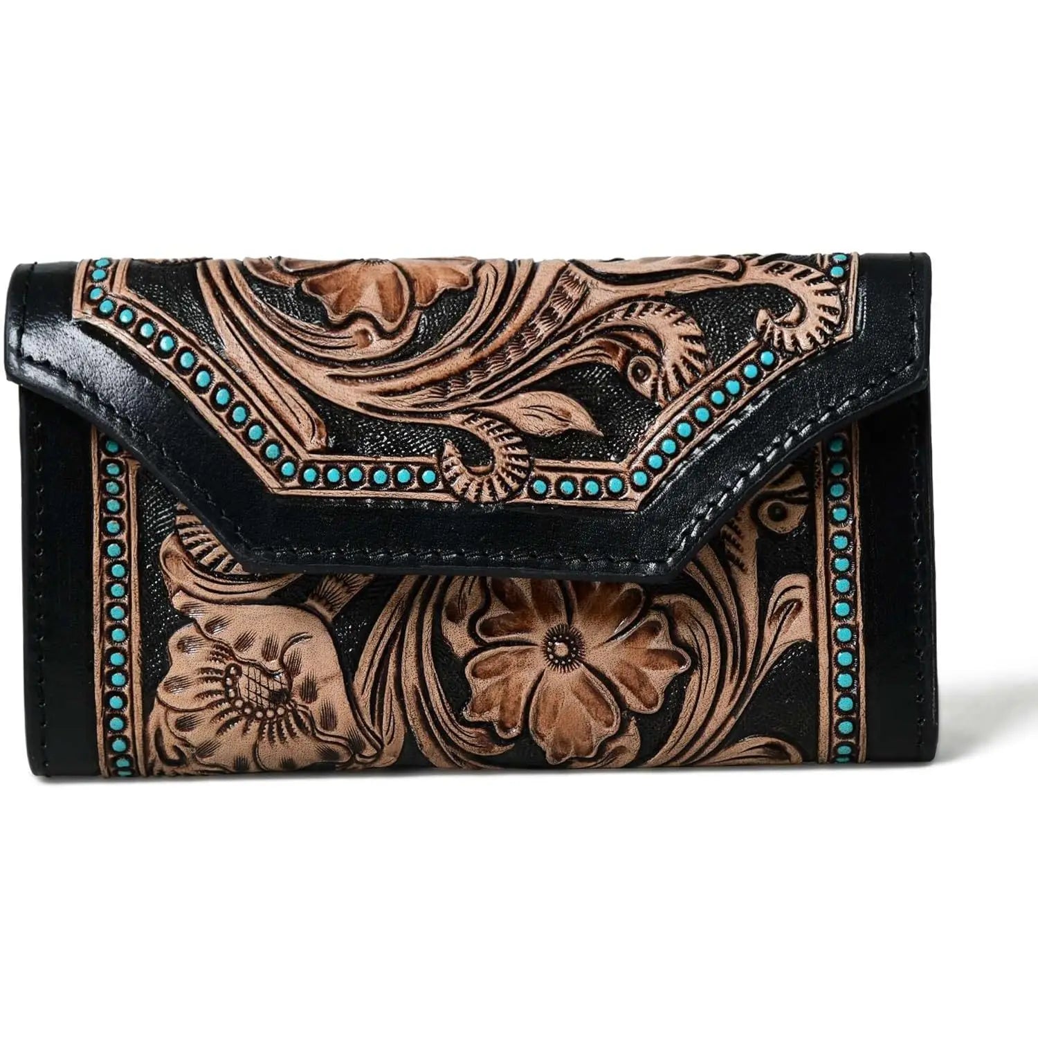 Rustic Vintage Cowhide Leather Trifold Wallet Hand Tooled RFID Card Holder for Men & Women