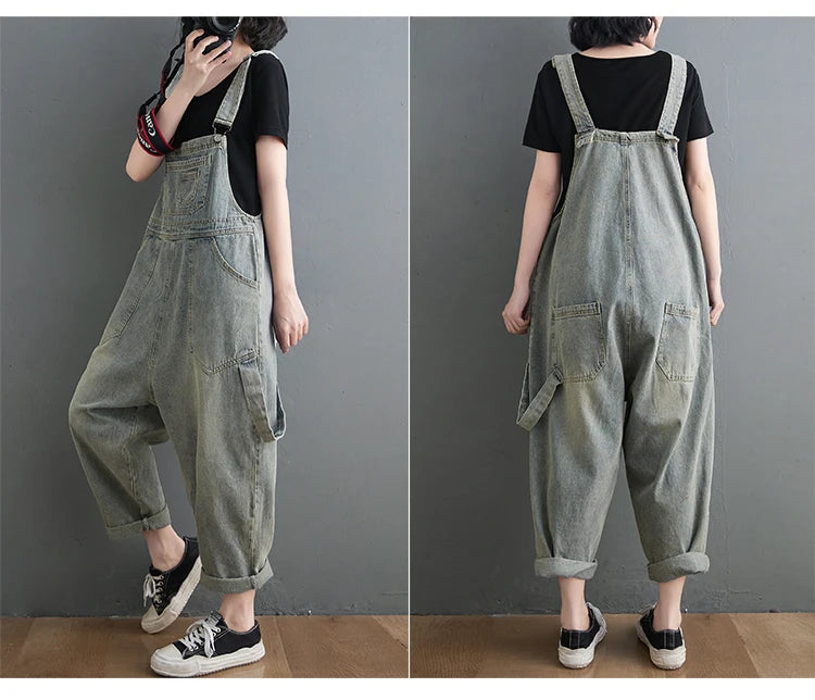 Boyfriend Loose Jeans Overalls For Women Casual Plus Size Wide Leg Denim Jumpsuit Straps Baggy Cargo Pants Big Pockets Dungarees