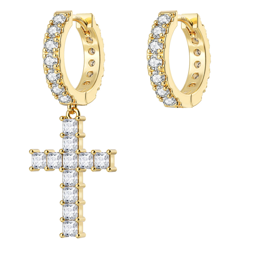 14K Gold Plated Dangle Cross Earring 925 Sterling Silver Women Men Birthday Gift CHRISTIAN 5A CZ Cubic Zirconia Hoop Earring