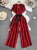 Wholesale 2026 Spring Temperament Short Sleeved V-neck Striped Casual High Waist Slim Straight Women's Jumpsuit