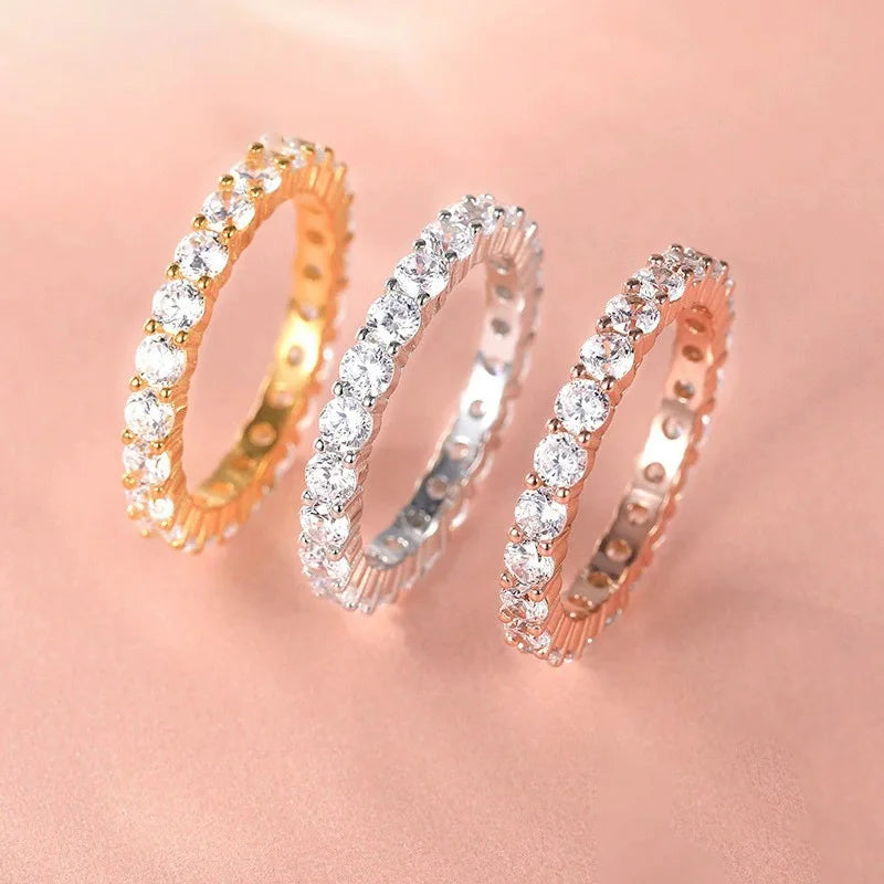 Fashion Simple Jewelry S925 Sterling Silver 18k Rose Gold Plated Round Brilliant Cut Zircon Finger Eternity Rings