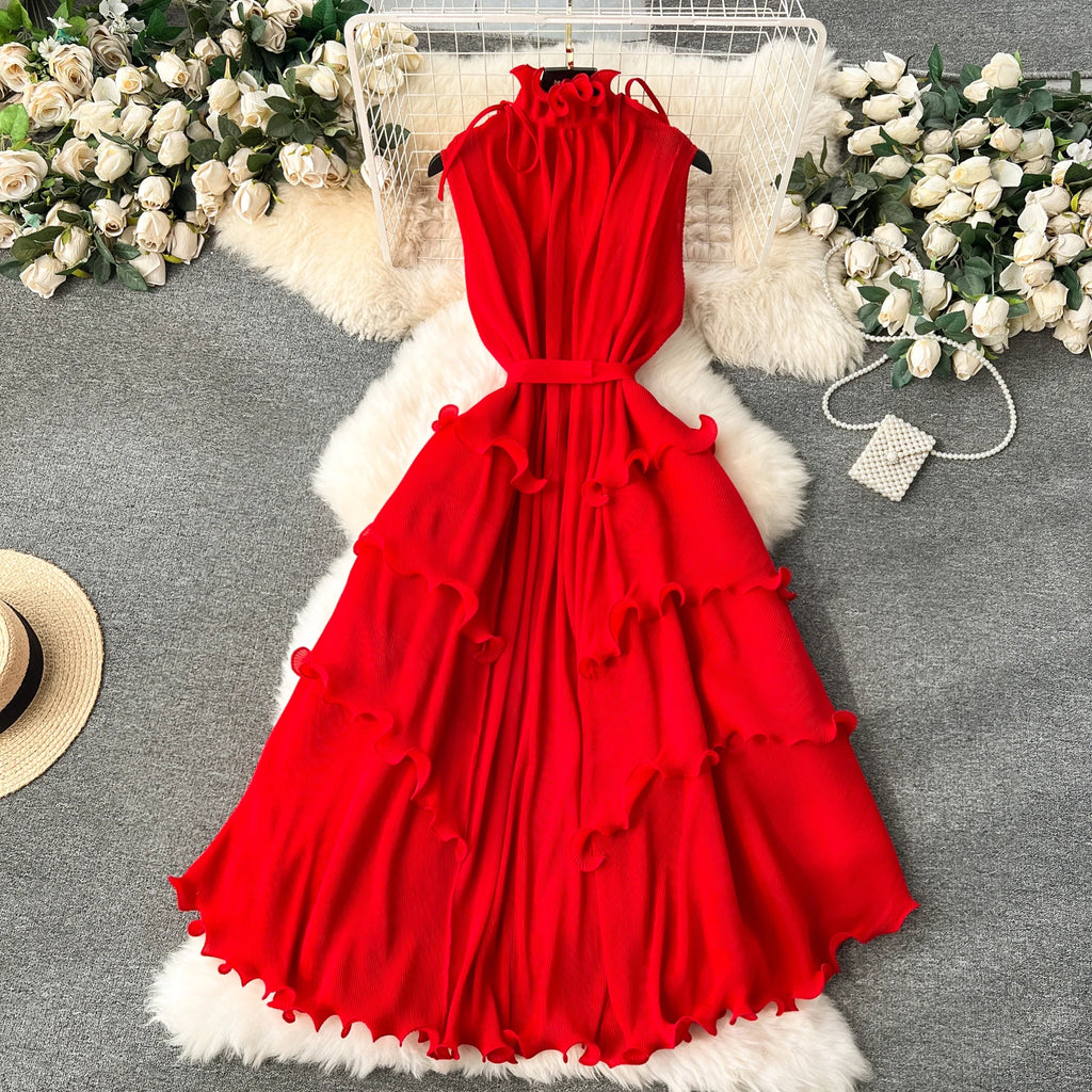 LE2509 Exquisite Chiffon Midi Pleated Dress Lady Elegant Lotus Collar Evening Gown Lady Boutique Socialite Holiday Banquet Dress