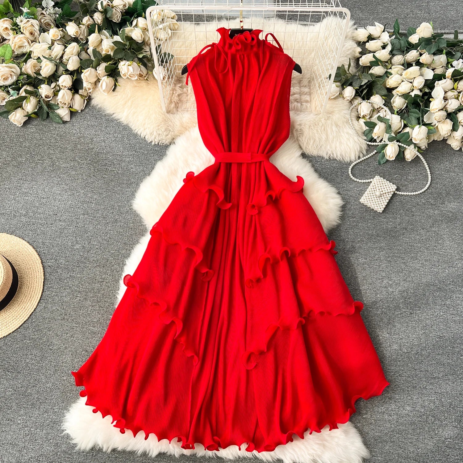 LE2509 Exquisite Chiffon Midi Pleated Dress Lady Elegant Lotus Collar Evening Gown Lady Boutique Socialite Holiday Banquet Dress
