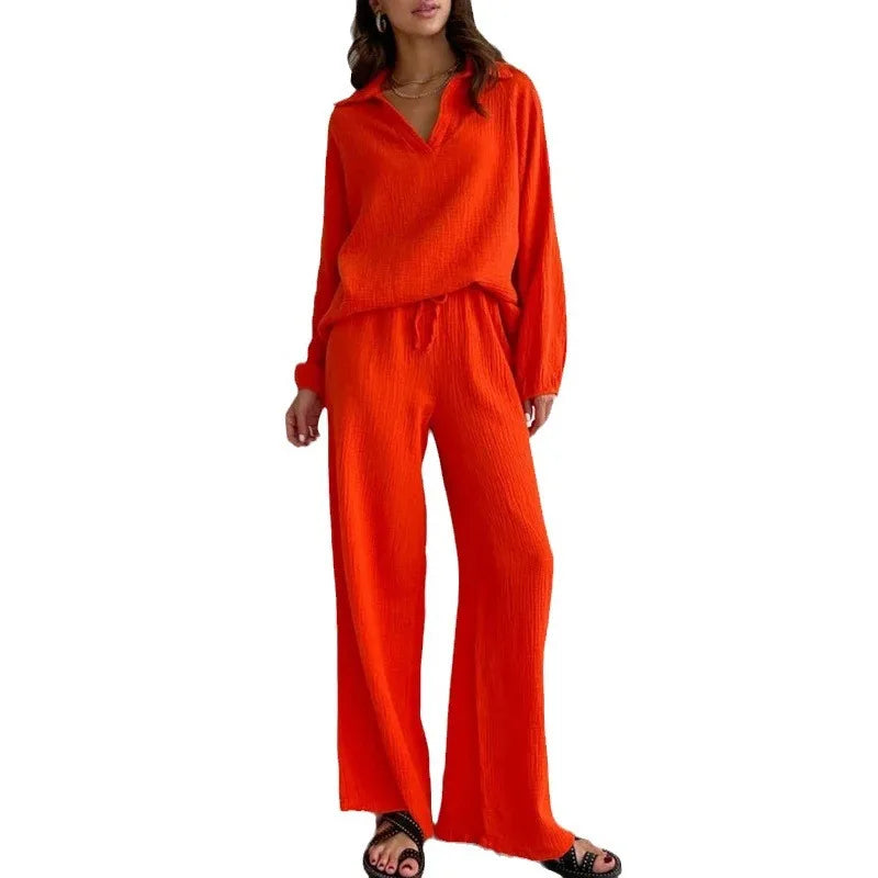 Boutique Wholesale 2026 Spring New Elegant  Casual Loose Polo Collar Sleeved Top Drawstring Pants Women's Set