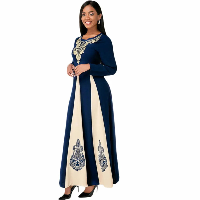 Elegant Muslim Dress for Women 2021 Fall O Neck Long Sleeve Islamic Arabic Abaya Robe Patchwork Print Turkey Eid Mubarak Vestido