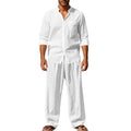 New Mens Suit Linen Casual Loose Breathable Long Sleeves Shirt and Trousers Two-Piece Set Beach Suit