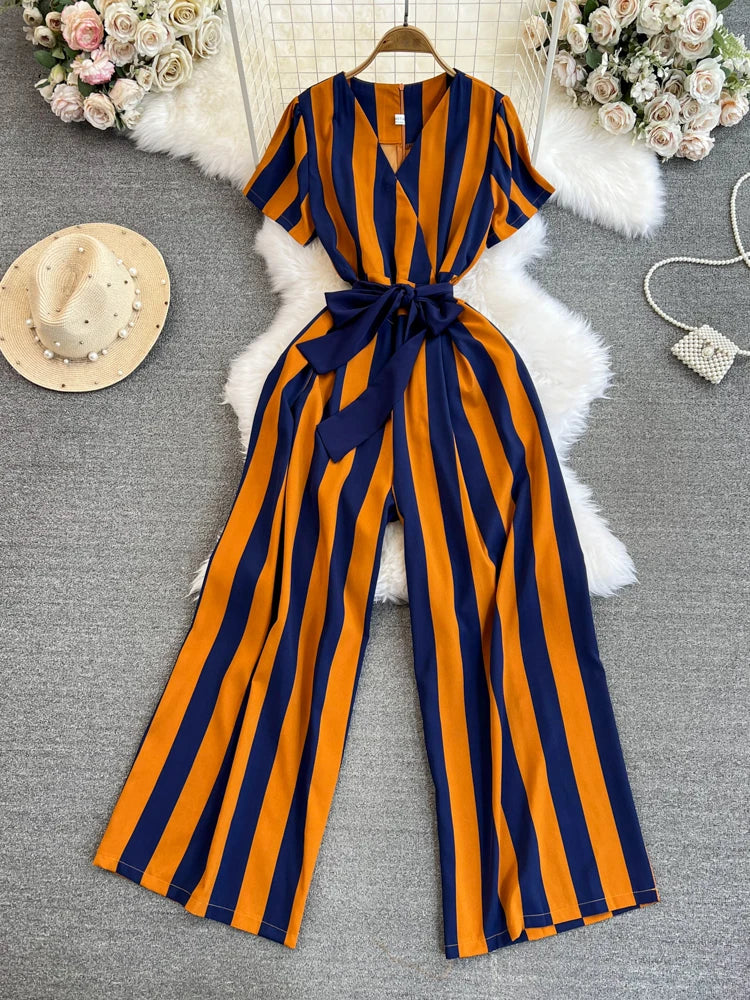Wholesale 2026 Spring Temperament Short Sleeved V-neck Striped Casual High Waist Slim Straight Women's Jumpsuit