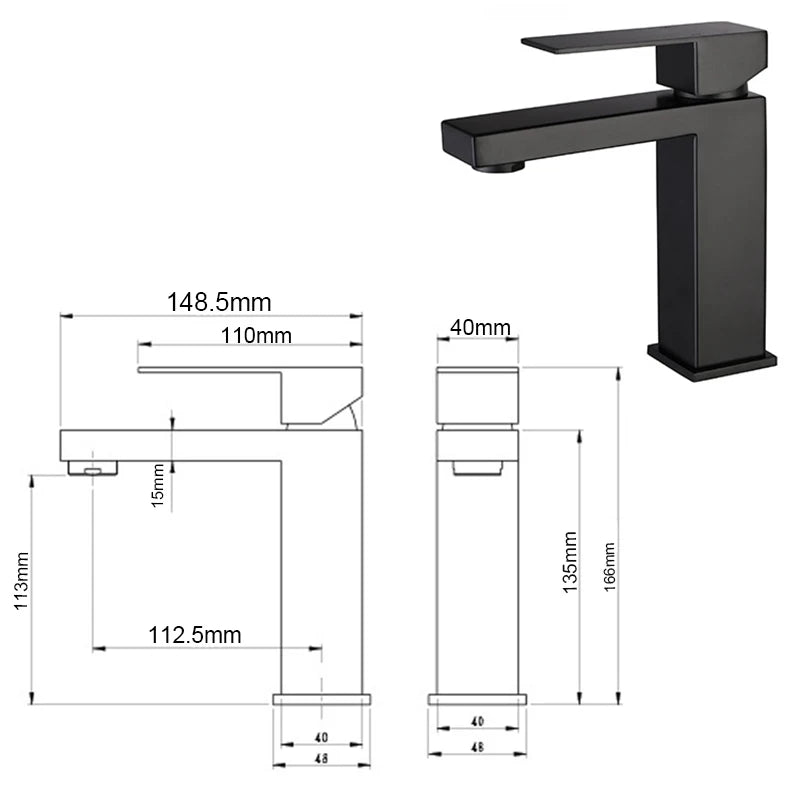 Matte Black  Bathroom Faucet Deck Mount 304 Stainless Steel  Cold and Hot Black  Square Sink Tap Short and Tall