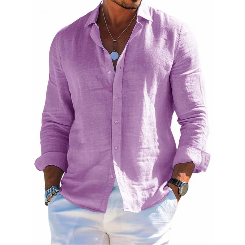 Summer Men's Solid Fashion Versatile Shirt Beach Shirts Men Long Sleeved Cardigan Tops Turn Down Collar Slim Fit