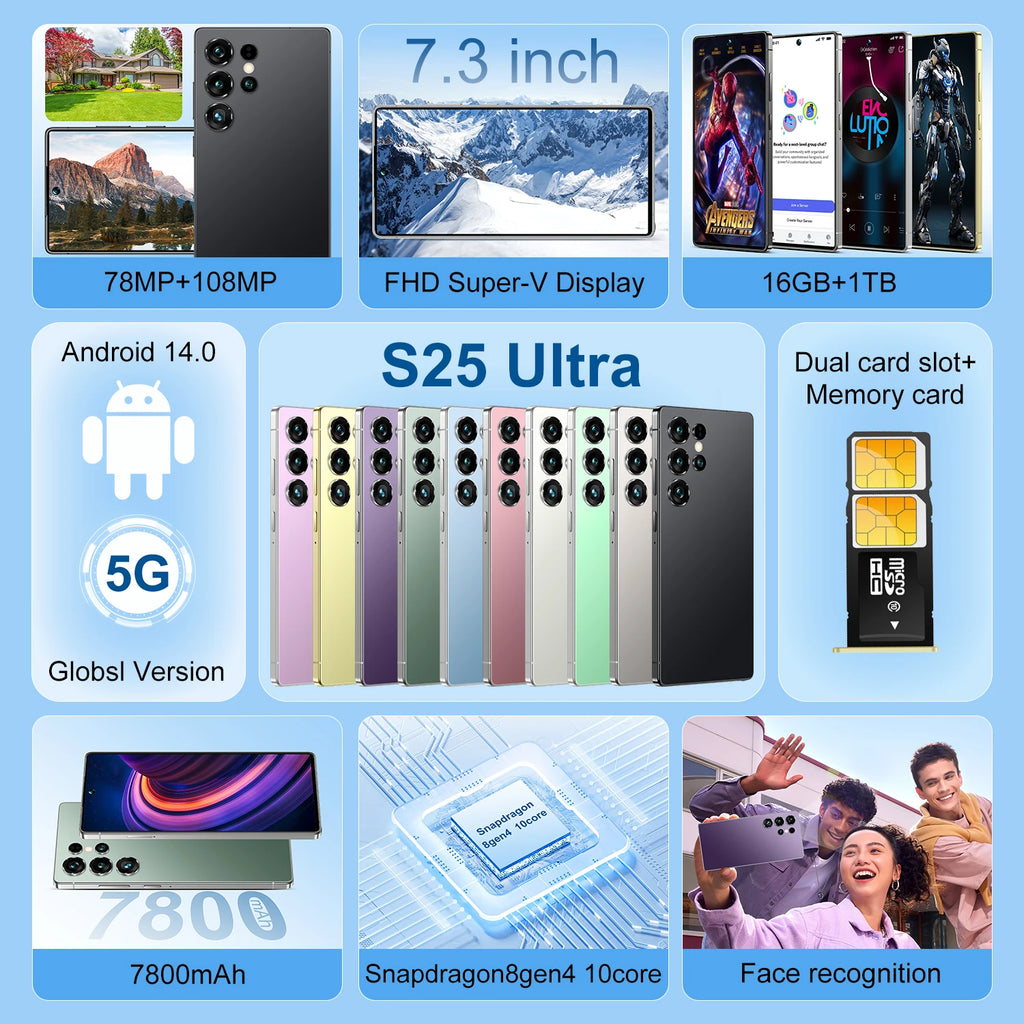 2025 New S25 Ultra 5G Android Smartphone Unlocked with Full HD Screen Dual SIM 16+1TB Storage LTE Cellular Low Price Cell Phones